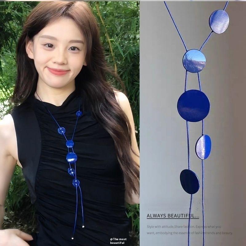 

Темпераментное геометрическое круглое ожерелье-подвеска, длинная цепочка до ключиц с кисточкой Y-образной формы, женская индивидуальность синий