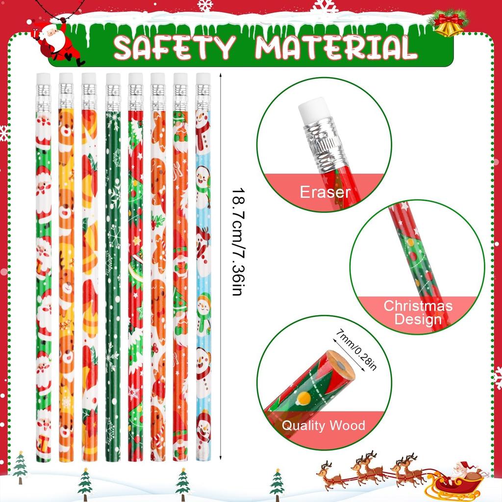 Christmas Pencils with Eraser, 48pcs Xmas Themed Pencil with Santa Claus, Elk, Christmas Tree and Snowflake for Kids Children Christmas Party