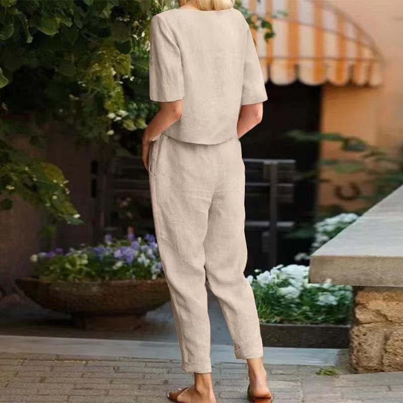 Women's Cotton-Linen Summer Set: Half-Sleeve O-Neck Cardigan & Wide-Leg Pants Retro Two-Piece