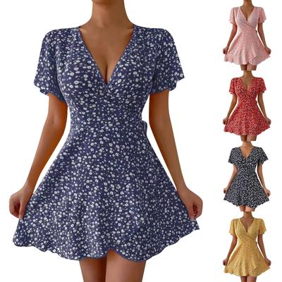 Women's New Summer Sexy Floral Lace-up Short Sleeve V-neck Dress