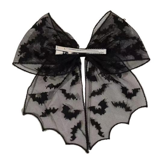 Holiday Themed Hair Clip Halloween Bat Mesh Bow Spring Clips, Black White Lace Spider Web Accessories Barrettes, Gothic Dark Style for Women
