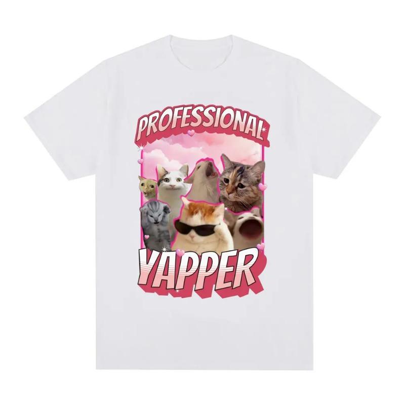 Retro Funny Professional Yapper Meme Cat Pattern Tshirt Womens Fashion Short Sleeved Tshirt Casual Comfortable T-shirt