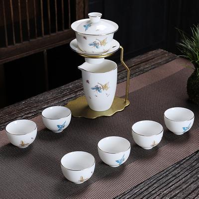 Yangzhi Jade Automatic Tea Set Dehua White Porcelain Gaiwan Kung Fu Tea Cup Home Living Room Lazy Anti-scald Tea Brewer