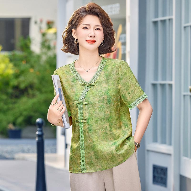 Retro Chinese Style Two-Piece Summer Outfit for Middle-Aged Women (40-60) - Short Sleeve Mother's Day Set