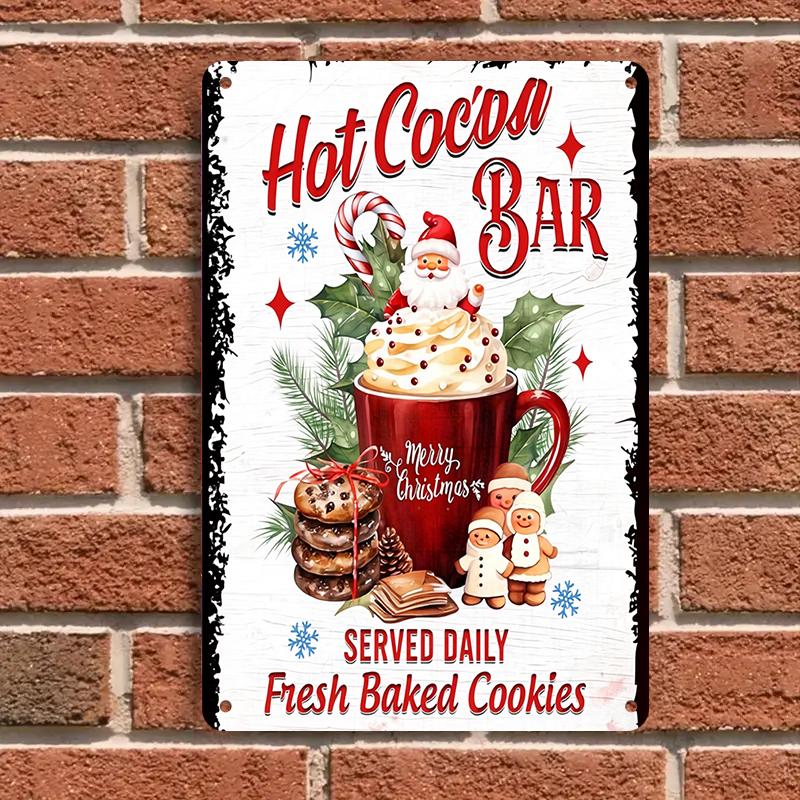 

1 2D flat Christmas decoration metal logo hot cocoa bar mural with Santa Claus snowman biscuit pattern, suitable for home kitche 20x30cm