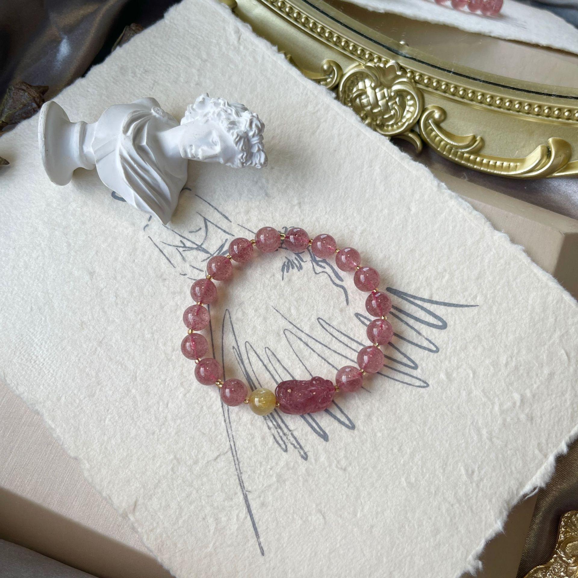 

Женский браслет из натурального клубничного кварца и рутилового кварца пиксю - Кристальное украшение в китайском стиле 14cm-15cm wrist