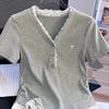 Fake Two-piece Lace Splicing V-neck Short-sleeved T-shirt Women's Summer New Popular Thin Slim Short Top Tide