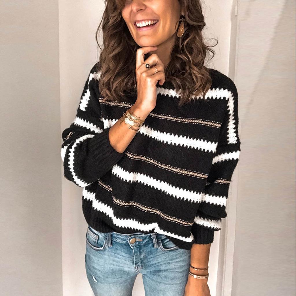 Women's Fashion Patchwork  Striped Knit Pullover Loose Sweater