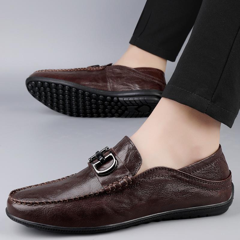 Luxury Brand Top Layer Cowhide Bean Shoes High-quality Flat Bottomed Soft Comfort Travel Shoes Men Business Genuine Leather Shoe