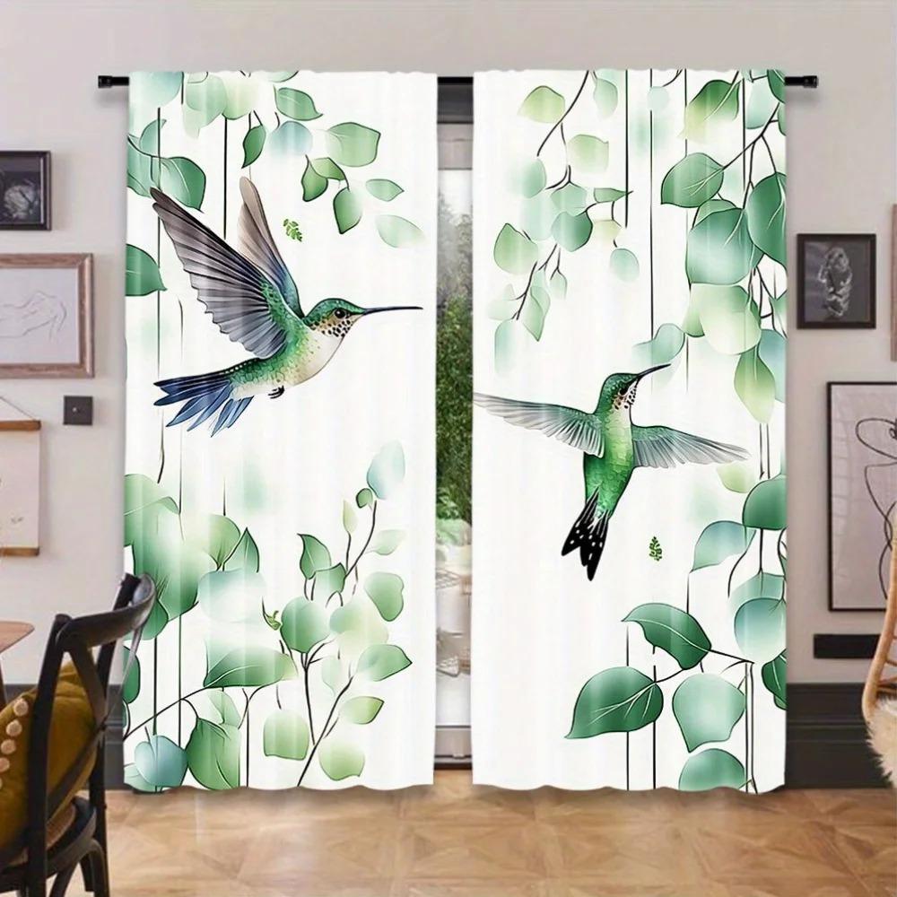 Hummingbird and Flowers Print Light-Filtering Curtain Panels 2 Piece Polyester Rod Pocket  Decorative Curtains for Bedroom