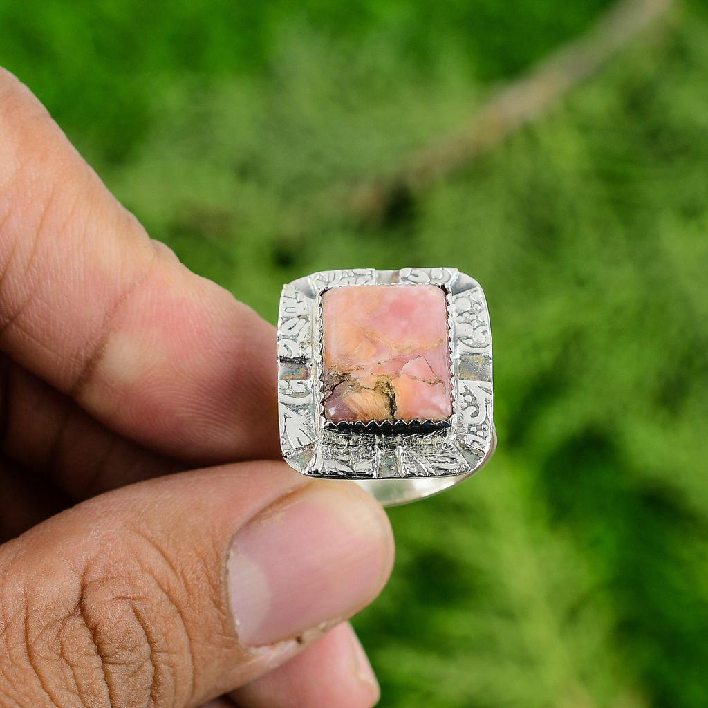 Natural Rhodonite Gemstone Promise Adjustable Ring 925 Sterling Silver Jewelry