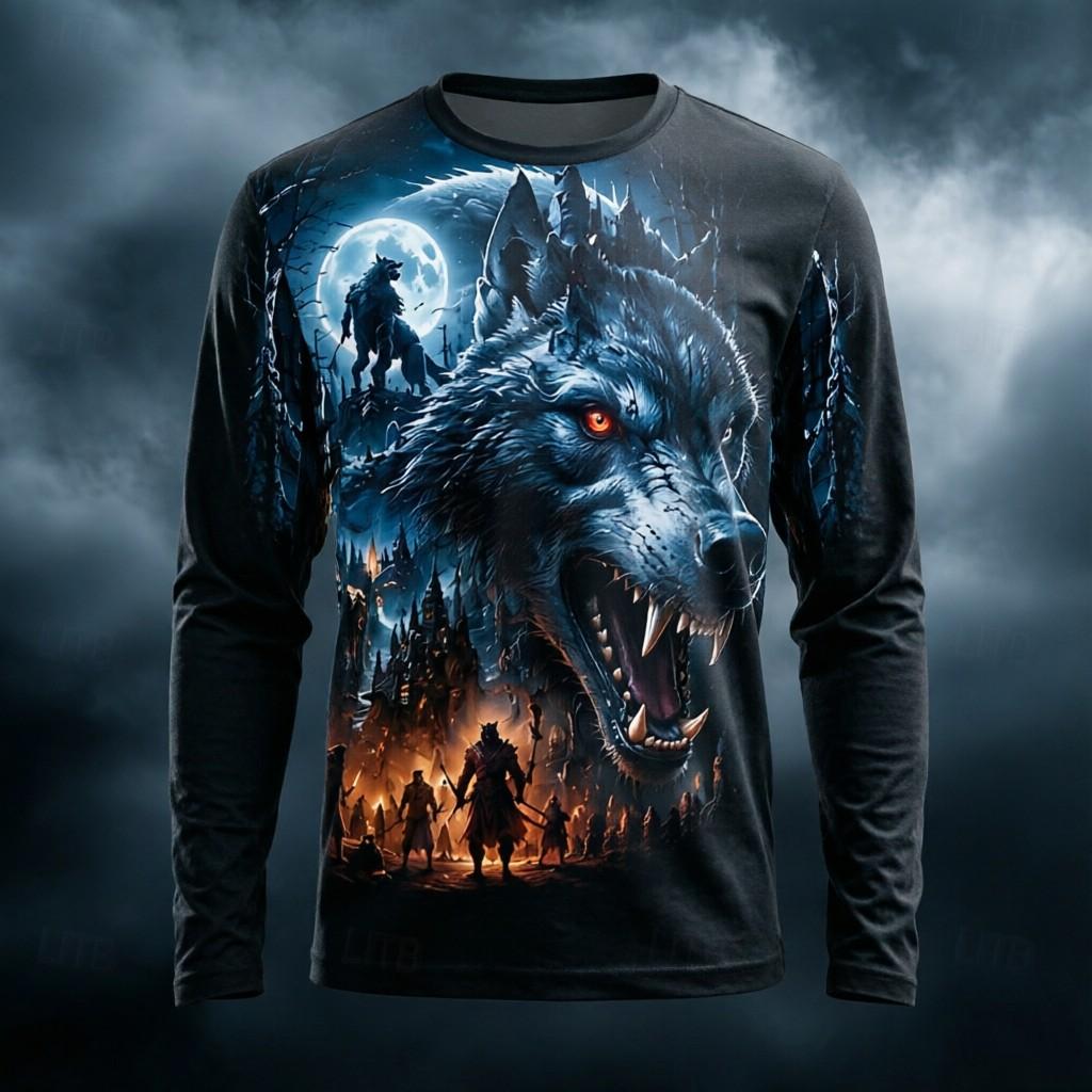 Men's Long Sleeve T-Shirt 3D Full Print Gothic Bull Skull Wizard Werewolf Dark Castle Halloween Street Crew Neck Tops