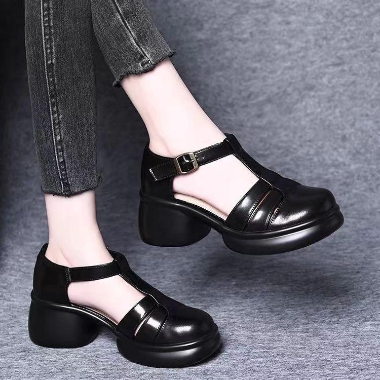 Baotou Sandals Women's Summer New Round Head Shallow Mouth One-word Buckle Thick Heel Thick Sole Not Tired Feet Hollow Mary Jane Leather Shoes