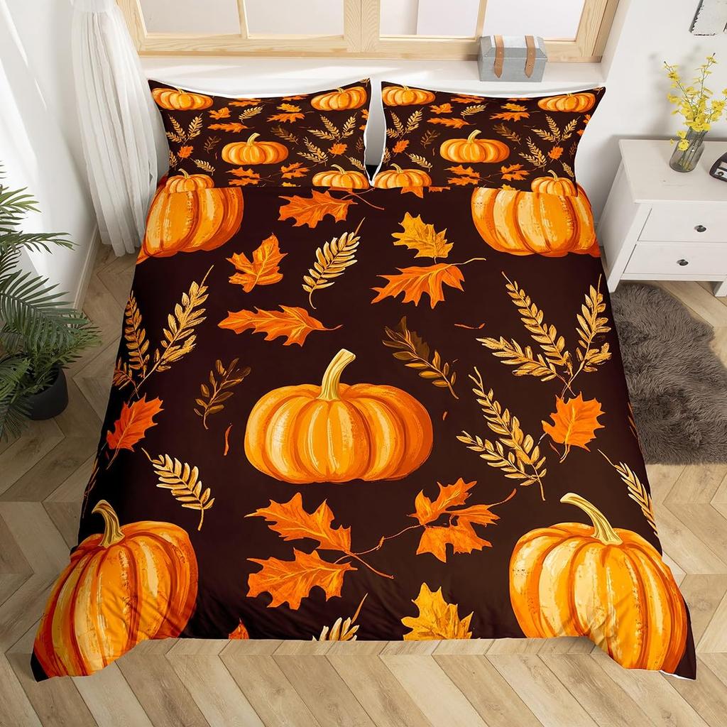Autumn Pumpkin Soft Duvet Cover Ful Quen Fal Leaves Boho Floral Beding Set Farmhouse Harvest Home Decor,Thanksgiving Comfortable Quilt Cover