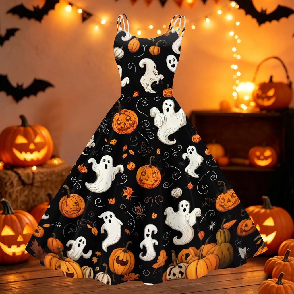 Womens Halloween Print Dress Off Shoulder Punk Style Vintage Flared Skirt Spaghetti Strap Sleeveless Dress for Party