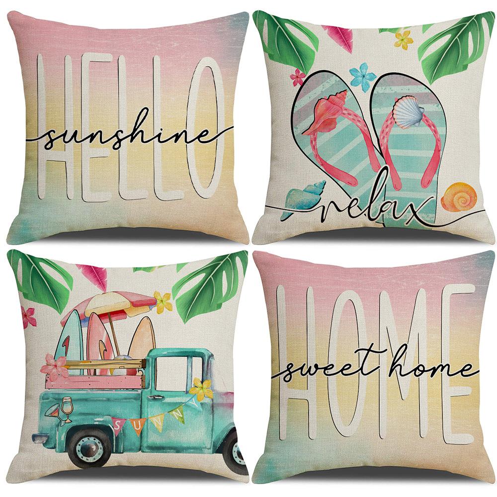 New Spring and Summer Cute Vacation Pillow Case Linen Printed Home Pillow Living Room Sofa Party Cushion Cover