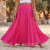 Women Long Loose Pleated Skirt Elastic Waist Cotton Linen Blend Maxi Skirt Flared Hem Casual Boho Style Skirt for Daily Wear