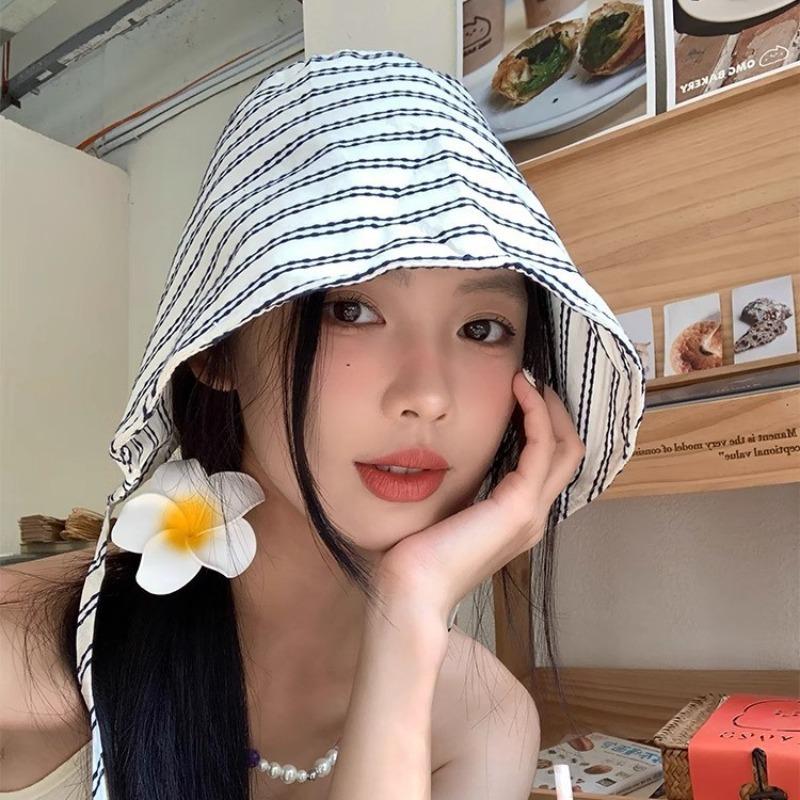 Striped big brim wrap-around bucket hat women's hat summer purple line fashion sunshade versatile sunscreen hat