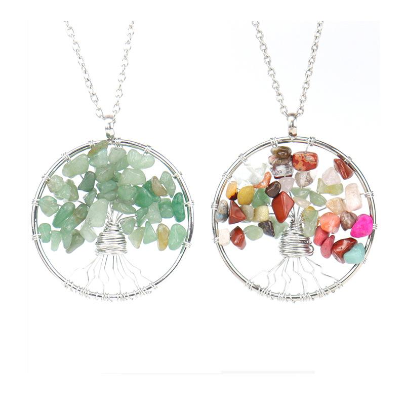 Winding Natural Stone Crystal Tree Of Life Necklace, Colorful Stone Necklace Jewelry N106