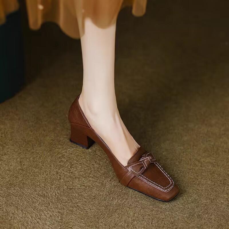 Women Retro Bowknot High Heels Spring Autumn Fashion Elegant Square Toe Stiletto Chunky Heels Pumps Party Dress Casual Shoes