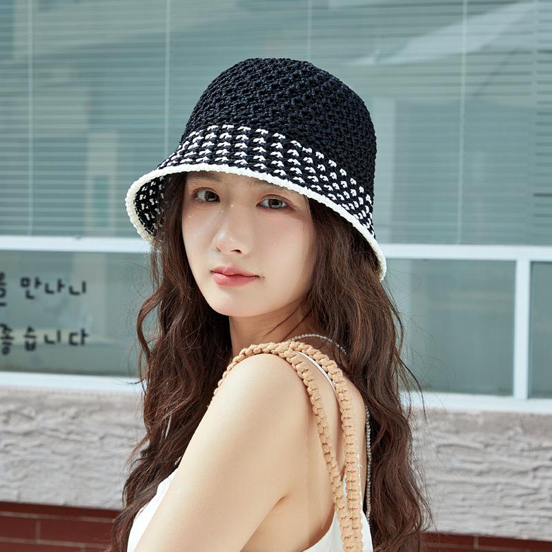 

New hollow bucket hat women s summer outdoor sunscreen visor hat knitted thin basin hat fashionable short edge shows small face M（56-58cm）