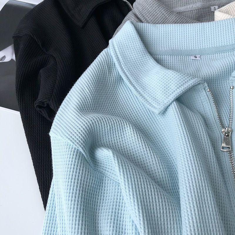 Women's Autumn Cotton Waffle Jacket, Korean Style, Loose Design, Double Zipper Cardigan