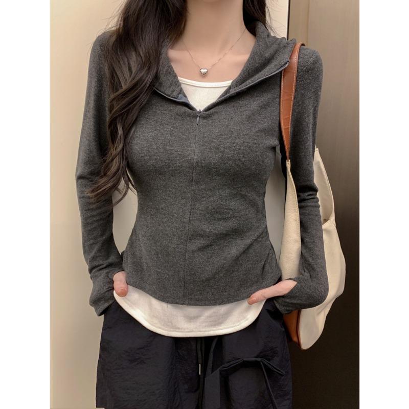 

Real shot half zipper hooded long-sleeved T-shirt women s autumn and winter slim-fit polished warm bottoming shirt with fake two pieces inside XL темно-сірий