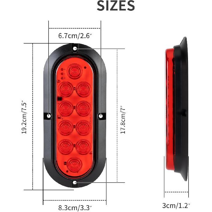 6 Inch Oval Red LED Trailer Tail Lights, 10 LEDs Surface Mount Stop Turn Brake Tail Lights, 12V DC Low High Brightness, Waterproof For Truck RV Boat