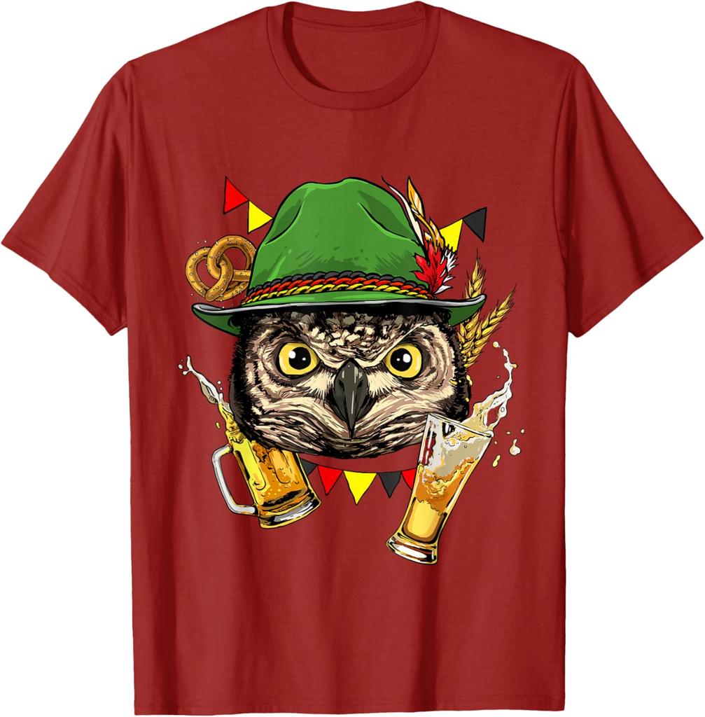 Owl Oktoberfest Beer Mug Bavarian Festival Graphic Tee Casual Cotton Short Sleeve T-Shirt