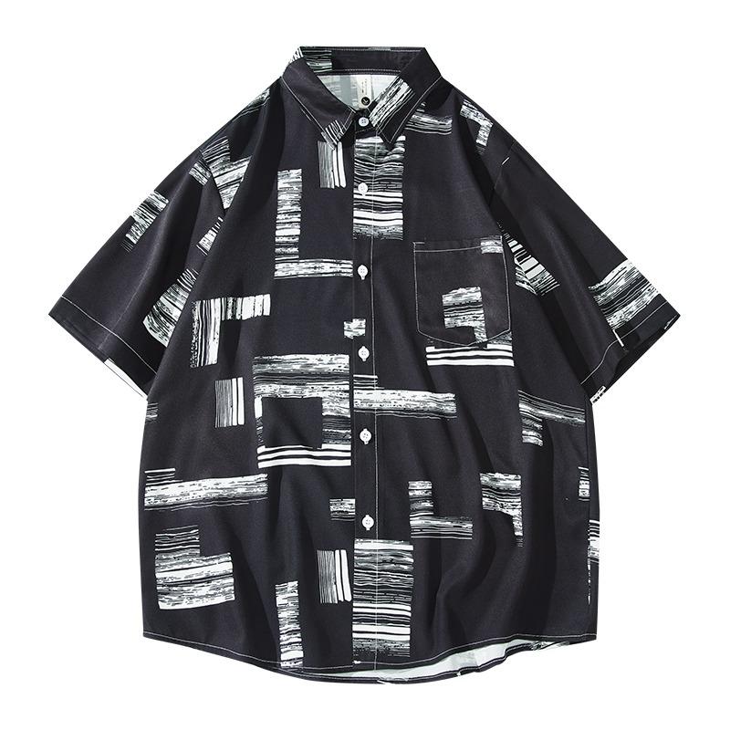 Summer Polo-neck Loose Casual Printing Single Breasted Shirt Male Short Sleeve Fashion All-match Cardigan Top Men