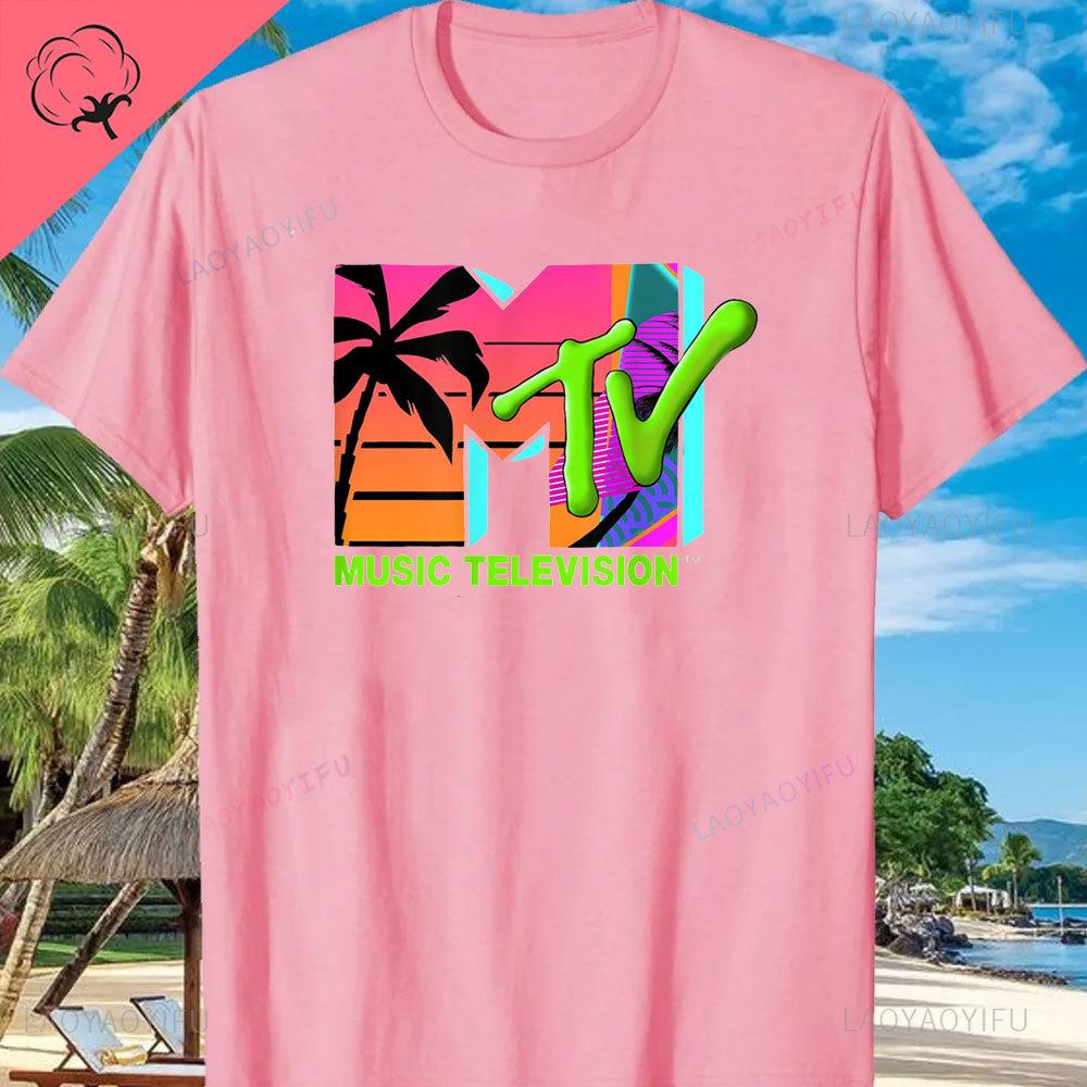 MTV Beach Island Logo Retro Grafik Baumwoll T-Shirt M-T-V Sonnenuntergang Palme Print Top Unisex Grafik T-Shirts