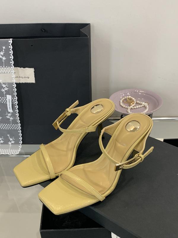 Slippers French Style Patent Leather Square Toe Open Toe High Heel Slide Sandals Outdoor Wear Summer Simple Ankle Strap Thin HeelSocialite 35 жёлтый