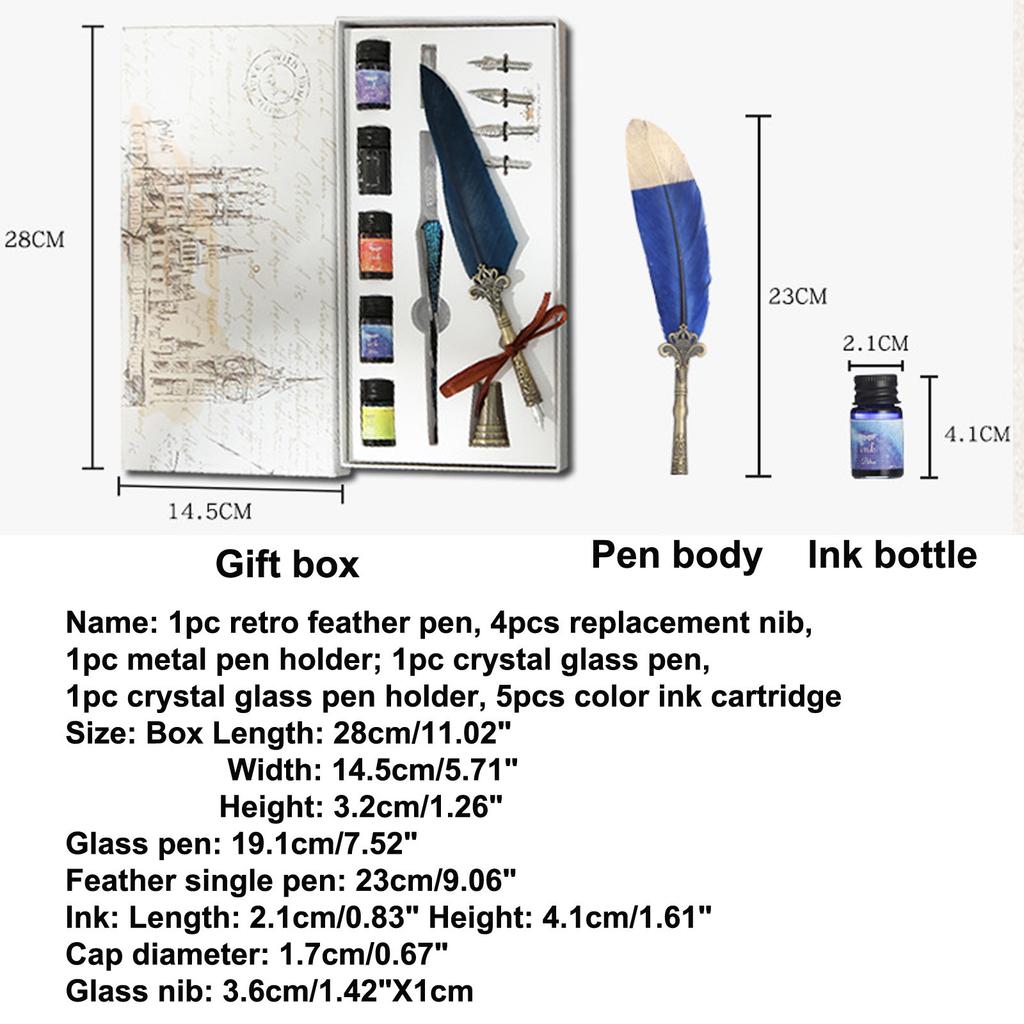 Crystal Dip Pen Feather Set Manual Gradient Color Writing Ink Pen Student Stationery Quill 17ml