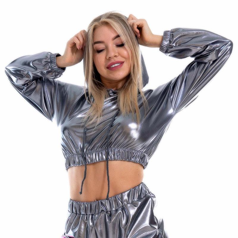 

Women Shiny Metallic Color Short Hoodies Long Sleeve Short Sweatshirt Drawstring Hooded Crop Tops Hip Hop Clothing S сірий колір