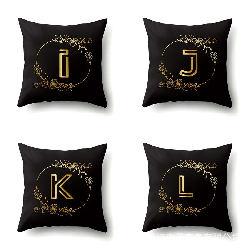 Polyester Pillowcase Black Gold Flower Home Decoration Print Pillowcase 26 English Letter Cushion Cover