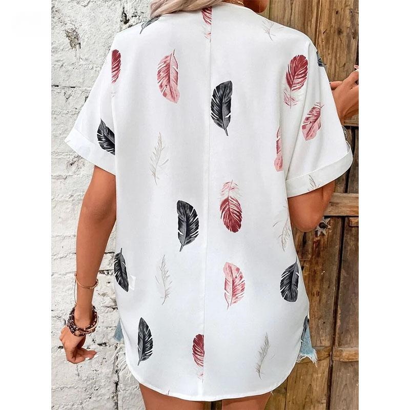 Sommer Damen Shirt Revers Feder Print Kurzarm Tops Shirt T-Shirt