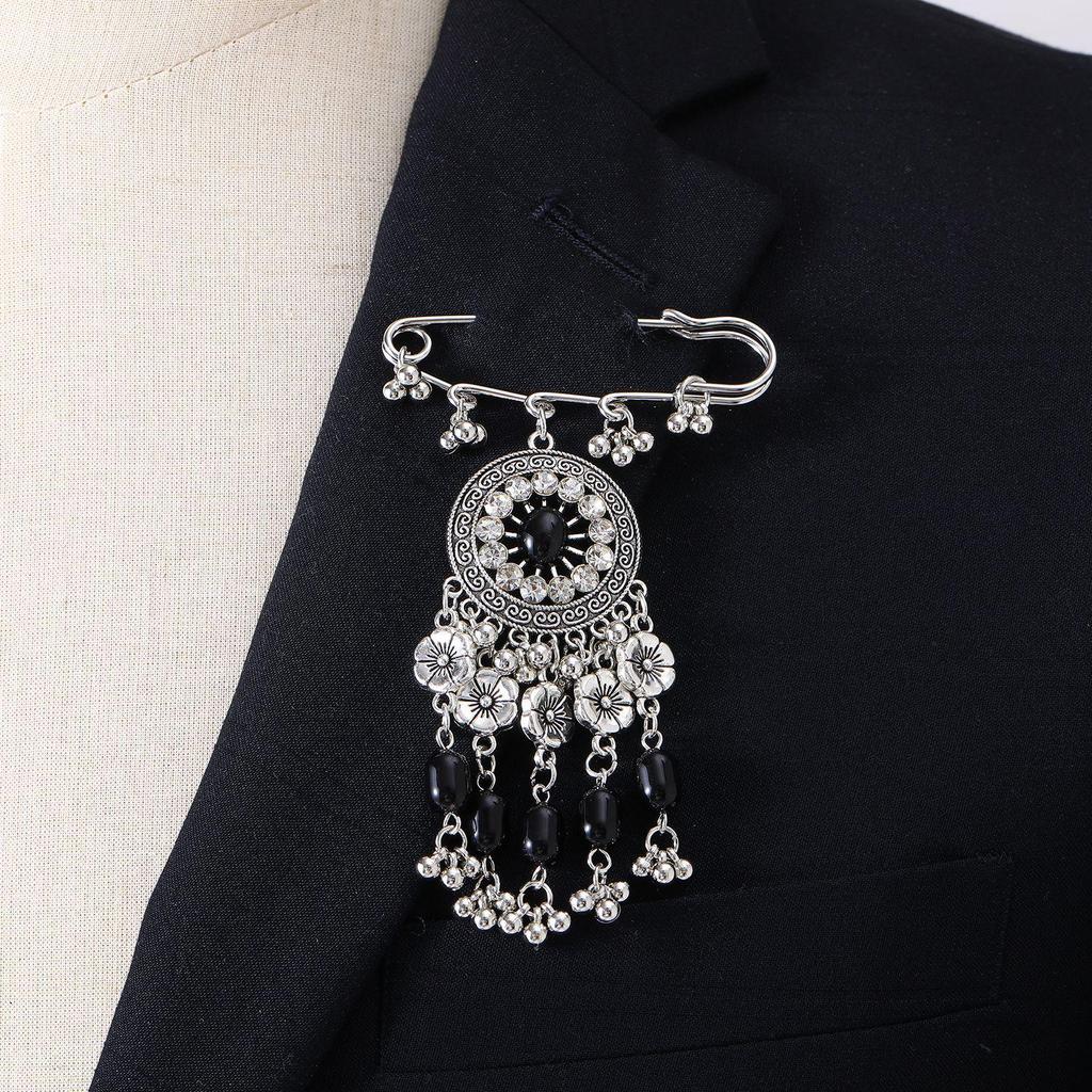 Bohemian Rhinestone Flower Tassel Brooch for Women - Exotic Style Suit Coat Pin