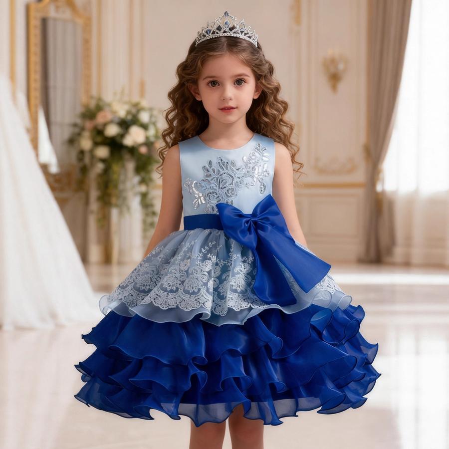 Girls Bow Flower Wedding Party Birthday Party Tutu Dress Stage Performance Costume