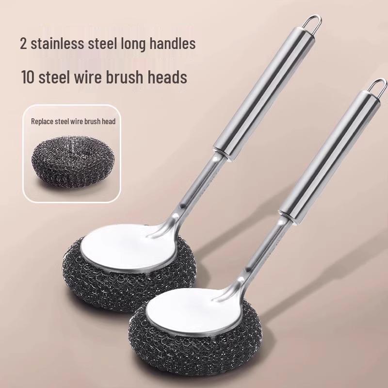 Stainless Steel Long Handle Pot & Bowl Brush with Non-Shedding Wire for Safe Dishwashing
