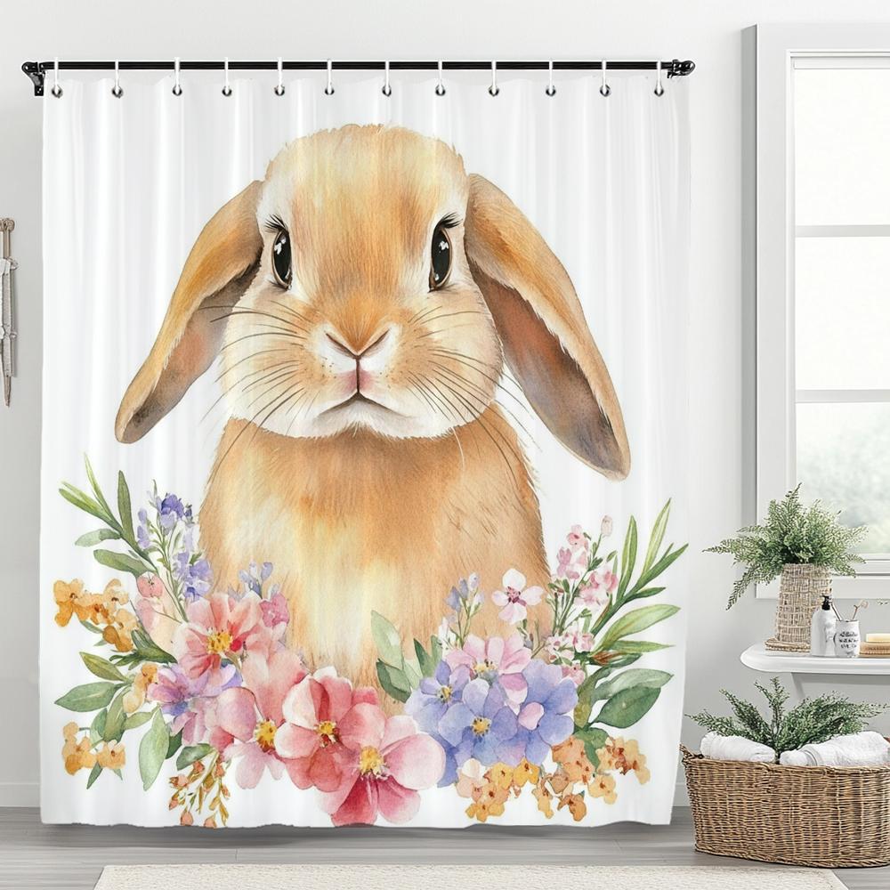 Easter Bunny Shower Curtain, Rustic, Cute, Eggs, Flowers Bathroom Decorative Curtain, Printed Fabric Shower Curtain With Hooks