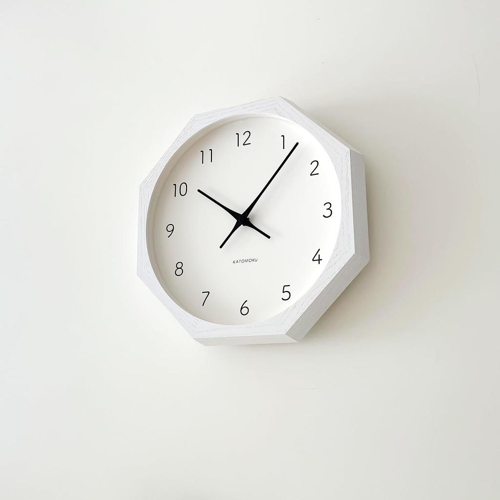 KATOMOKU Muku Clock 7 Octagonal White Wall Clock with Continuous Second Hand km-60WHRC8 Movement, 30.0cm (Radio-Controlled Clock)