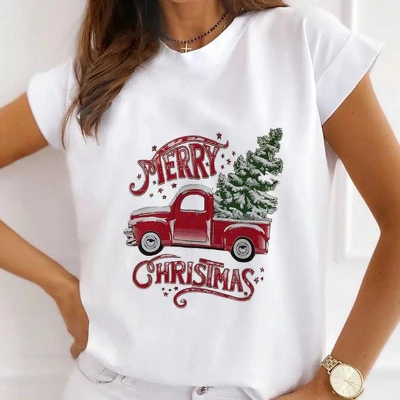 Festival Christmas Printed Short Sleeved Casual Womens Tshirt Crewneck Tops Kawaii Fashion Women TShirt Clothes Harajuku
