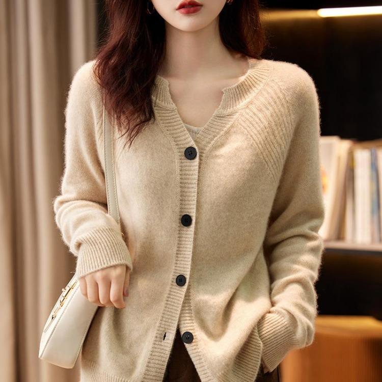 Loose Knit Cardigan for Women Versatile Long Sleeve Solid Color V Neck Jacket Autumn Winter