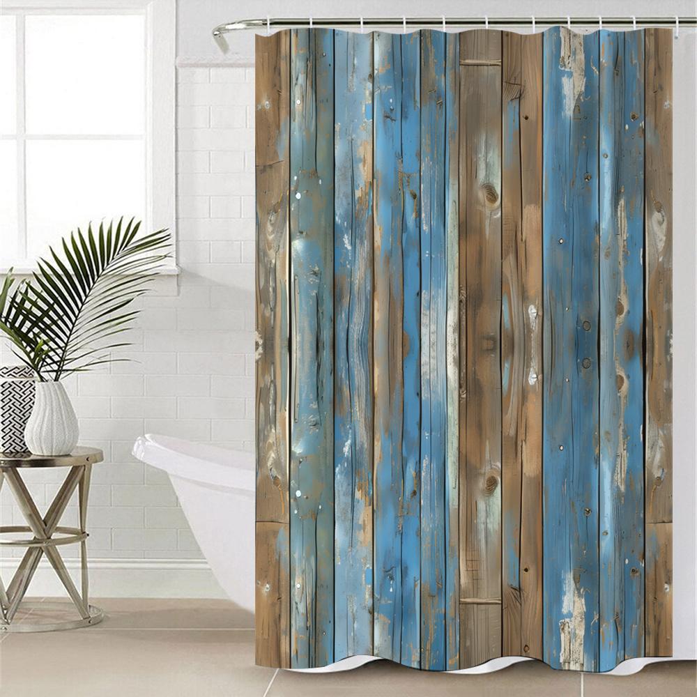 4 Pack Colorful Wood Digital Printing Polyester Shower Curtain Punch-Free Partition Bathroom Set With Waterproof Pad