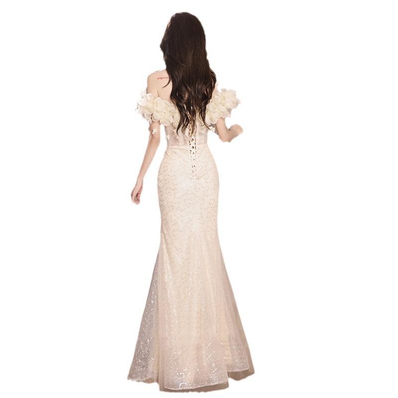 One-word Shoulder Dress Champagne 1011 New Summer High-end Light Luxury Birthday Host Banquet Evening Dress Dress