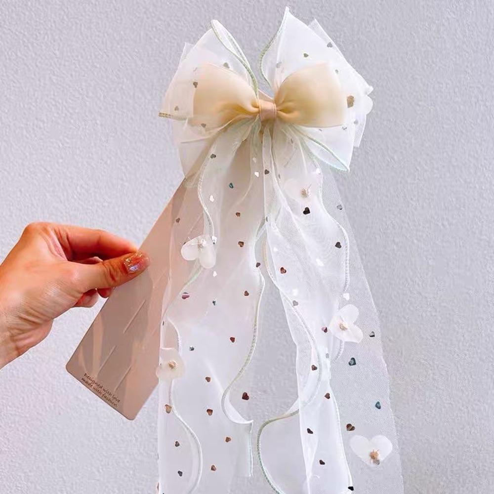 

Cute Mesh Hair Clip Bow Long Ribbon Weave Ponytail Top Clip Duckbill Clip жёлтый