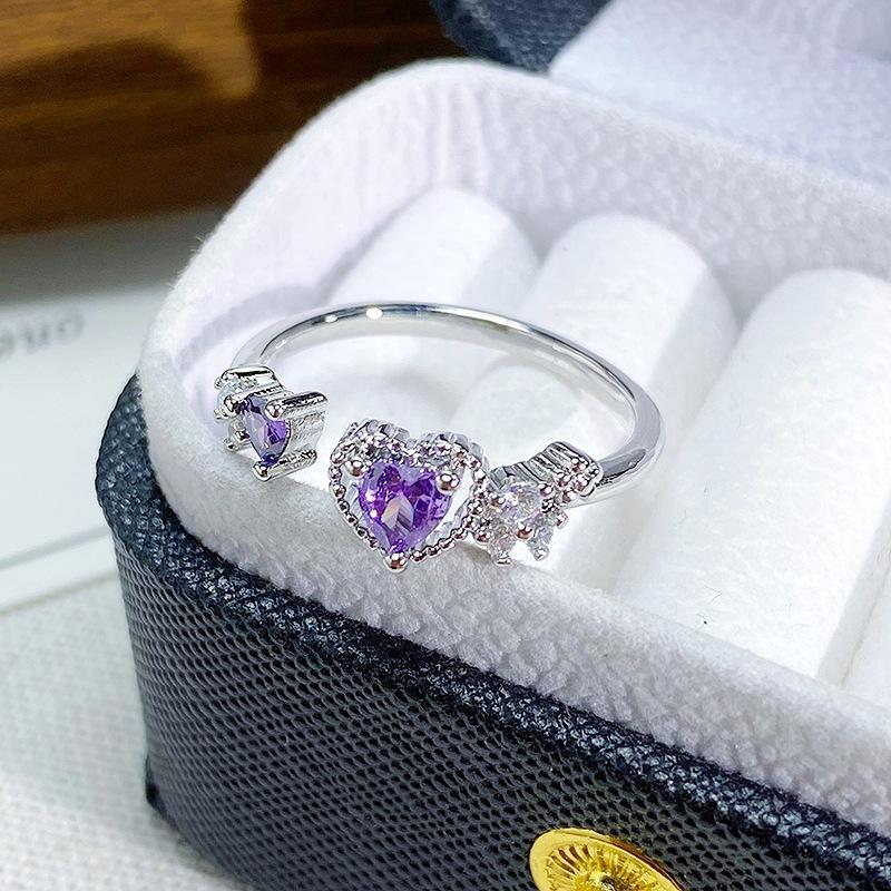 Exquisite Purple Enamel Zircon Four-Pointed Star Love Opening Ring Niche Stacking Wearing Colored Treasure High-Sense Ring