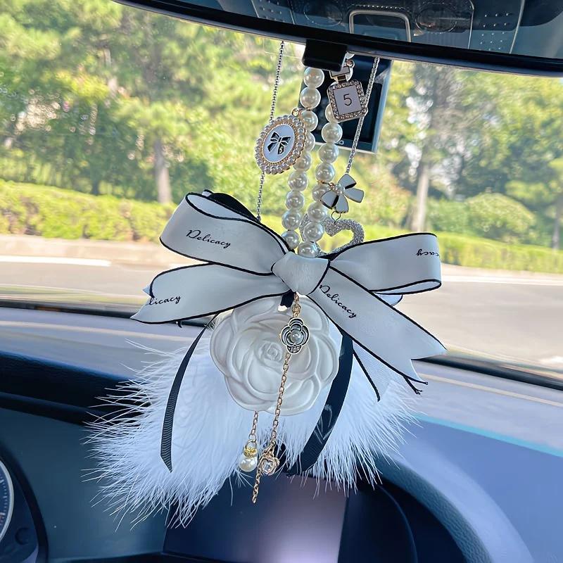 Camellia Scent Car Hanging Ornament, Exquisite Double Sided Bow Pendant, Auto Interior Decoration