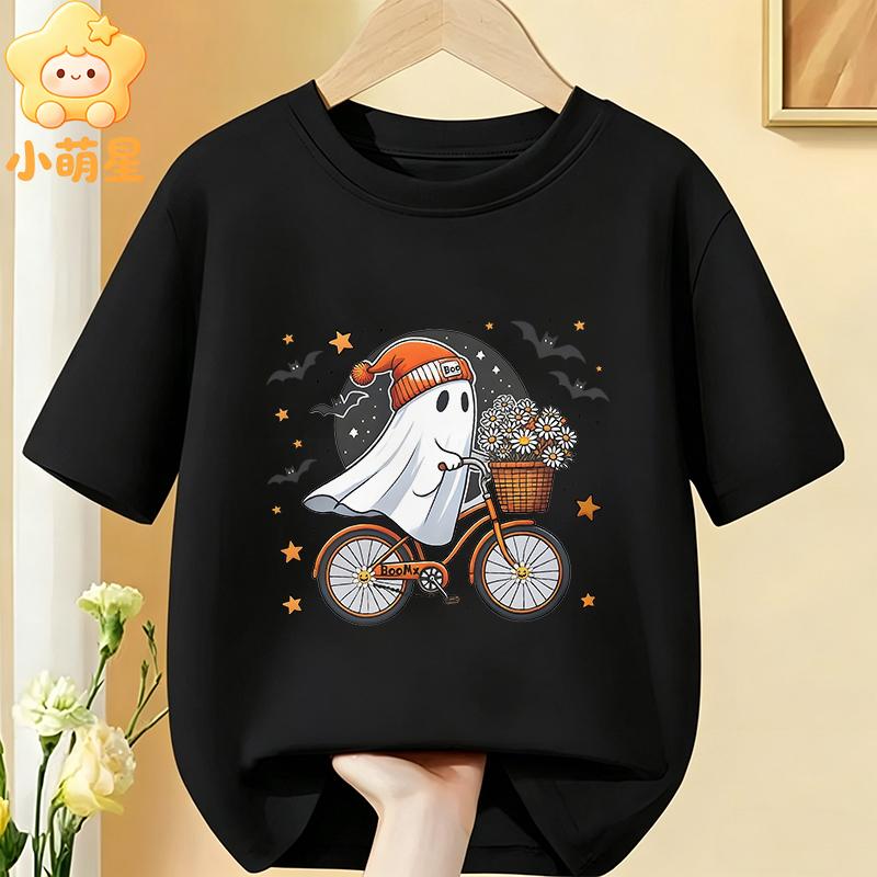 Cotton Kids Halloween T‑Shirt Adorable Ghost Riding Bike Flower Basket Bat Star Holiday Print Short Sleeve O‑Neck Children Tees