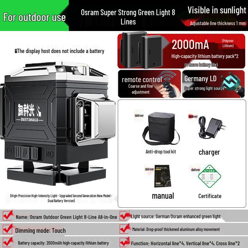 12-Line Green Laser Level with Automatic Leveling for Walls and Floors